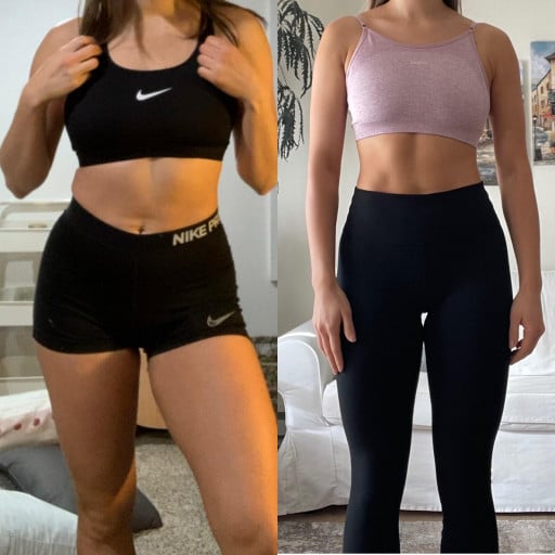 A before and after photo of a 5'6" female showing a weight reduction from 150 pounds to 135 pounds. A net loss of 15 pounds.