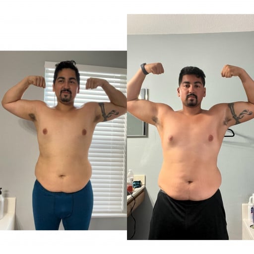A picture of a 5'8" male showing a weight loss from 235 pounds to 220 pounds. A net loss of 15 pounds.