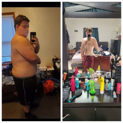A photo of a 5'9" man showing a weight cut from 285 pounds to 190 pounds. A net loss of 95 pounds.
