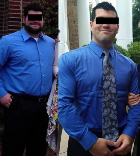 A photo of a 5'8" man showing a fat loss from 270 pounds to 210 pounds. A total loss of 60 pounds.