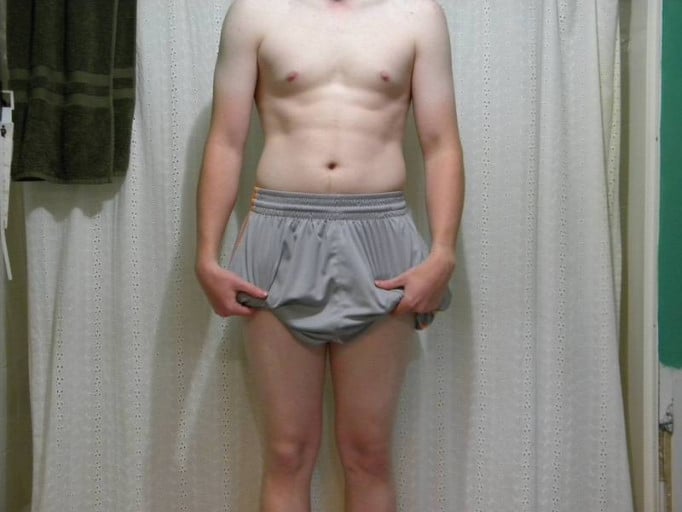 A before and after photo of a 5'7" male showing a snapshot of 140 pounds at a height of 5'7