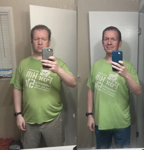 A before and after photo of a 5'11" male showing a weight reduction from 232 pounds to 185 pounds. A respectable loss of 47 pounds.