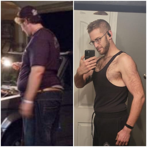 A progress pic of a 6'4" man showing a fat loss from 315 pounds to 223 pounds. A respectable loss of 92 pounds.