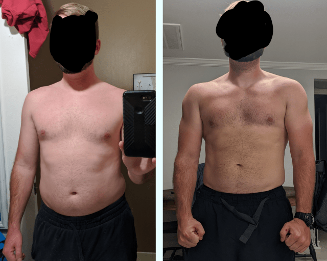 Before and After 20 lbs Fat Loss 5 feet 7 Male 175 lbs to 155 lbs