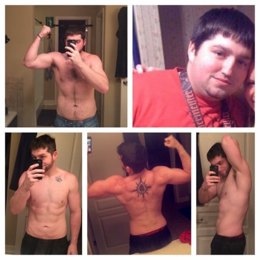A progress pic of a 5'7" man showing a fat loss from 210 pounds to 170 pounds. A net loss of 40 pounds.