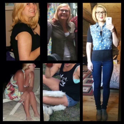 A progress pic of a 5'4" woman showing a weight reduction from 155 pounds to 130 pounds. A total loss of 25 pounds.
