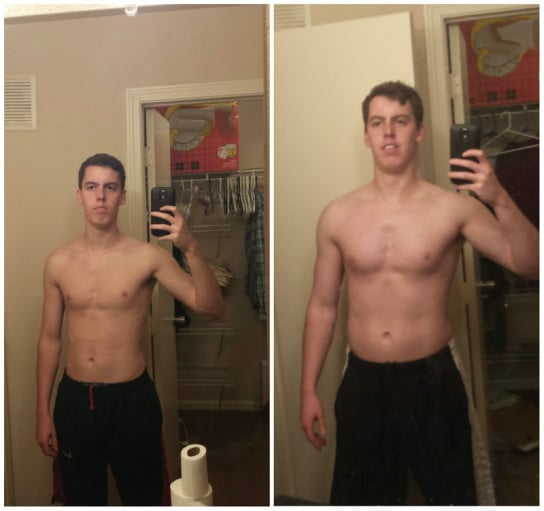 A before and after photo of a 6'0" male showing a weight gain from 140 pounds to 185 pounds. A total gain of 45 pounds.