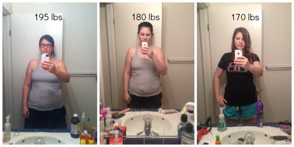 A photo of a 5'8" woman showing a weight loss from 195 pounds to 170 pounds. A respectable loss of 25 pounds.