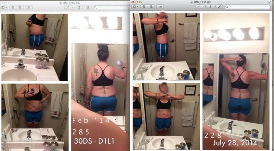 A before and after photo of a 6'0" female showing a weight reduction from 285 pounds to 228 pounds. A total loss of 57 pounds.