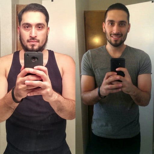 A progress pic of a 5'10" man showing a fat loss from 215 pounds to 173 pounds. A net loss of 42 pounds.