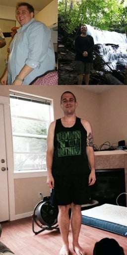 A picture of a 5'8" male showing a weight loss from 340 pounds to 200 pounds. A total loss of 140 pounds.