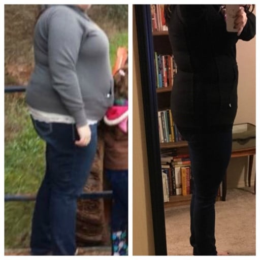 A picture of a 5'9" female showing a weight loss from 298 pounds to 238 pounds. A total loss of 60 pounds.
