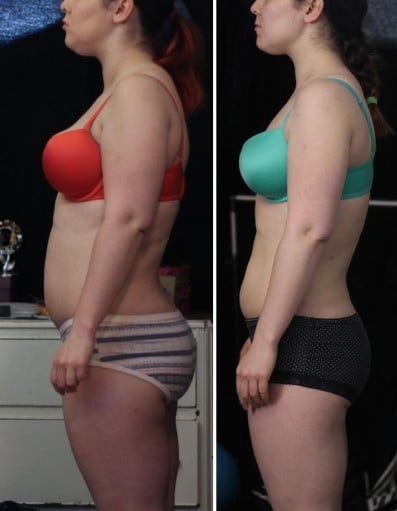 A before and after photo of a 5'3" female showing a fat loss from 173 pounds to 148 pounds. A total loss of 25 pounds.