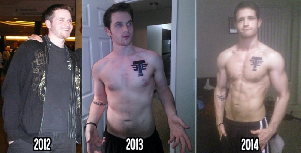 A progress pic of a 6'1" man showing a fat loss from 240 pounds to 180 pounds. A respectable loss of 60 pounds.