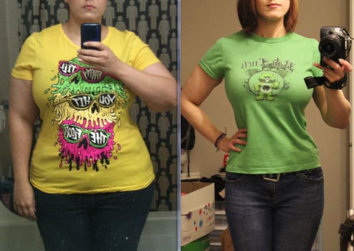 A progress pic of a 5'8" woman showing a fat loss from 252 pounds to 157 pounds. A respectable loss of 95 pounds.