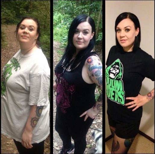 A picture of a 5'7" female showing a weight loss from 245 pounds to 170 pounds. A respectable loss of 75 pounds.