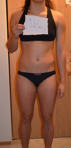 A photo of a 5'4" woman showing a snapshot of 122 pounds at a height of 5'4