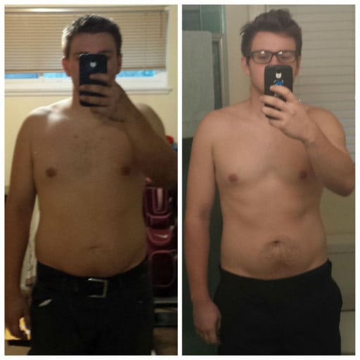A progress pic of a 5'10" man showing a fat loss from 227 pounds to 203 pounds. A total loss of 24 pounds.