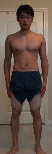 A photo of a 5'6" man showing a snapshot of 142 pounds at a height of 5'6