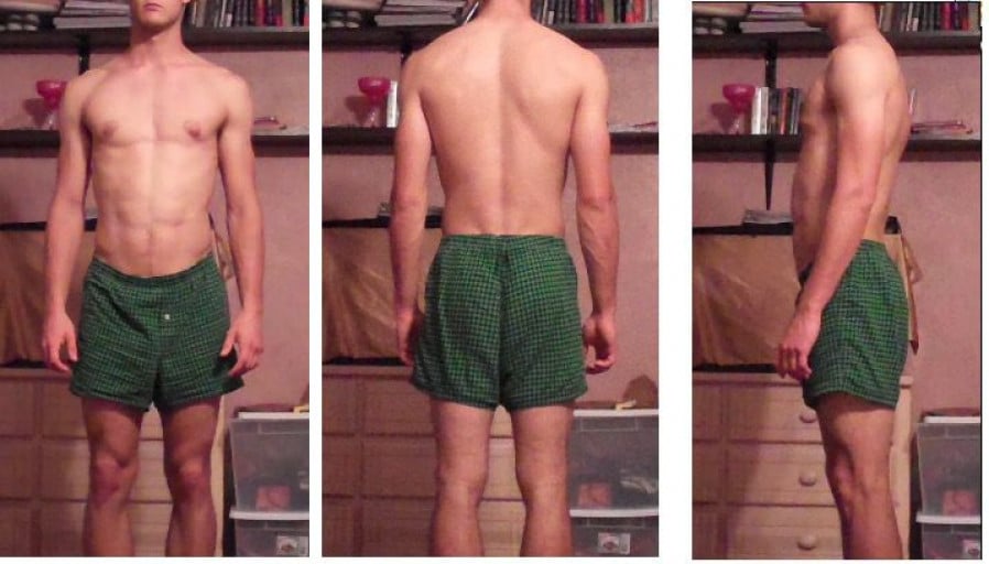 A progress pic of a 5'11" man showing a weight bulk from 154 pounds to 159 pounds. A net gain of 5 pounds.