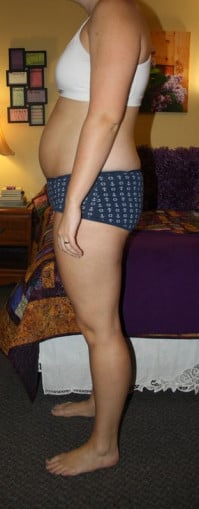 A picture of a 5'8" female showing a weight reduction from 180 pounds to 157 pounds. A net loss of 23 pounds.