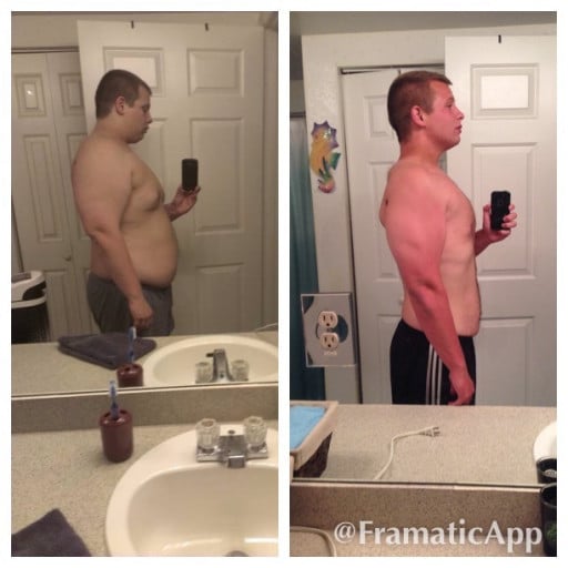 A picture of a 6'1" male showing a fat loss from 310 pounds to 210 pounds. A total loss of 100 pounds.