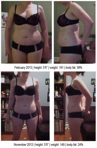 A picture of a 5'6" female showing a weight loss from 191 pounds to 149 pounds. A total loss of 42 pounds.