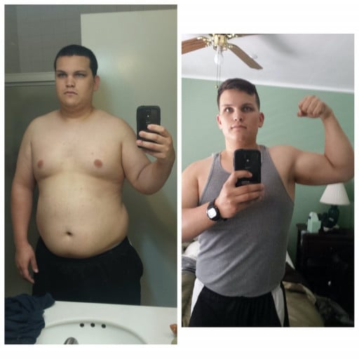 A photo of a 6'0" man showing a weight cut from 283 pounds to 213 pounds. A total loss of 70 pounds.