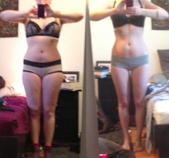 A picture of a 5'7" female showing a weight loss from 160 pounds to 140 pounds. A total loss of 20 pounds.