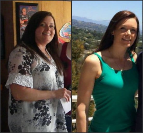 A picture of a 5'9" female showing a weight loss from 245 pounds to 145 pounds. A net loss of 100 pounds.