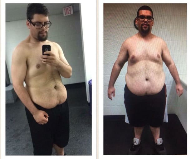 A before and after photo of a 6'0" male showing a weight reduction from 360 pounds to 260 pounds. A total loss of 100 pounds.