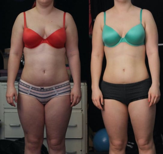 A before and after photo of a 5'3" female showing a fat loss from 173 pounds to 148 pounds. A total loss of 25 pounds.