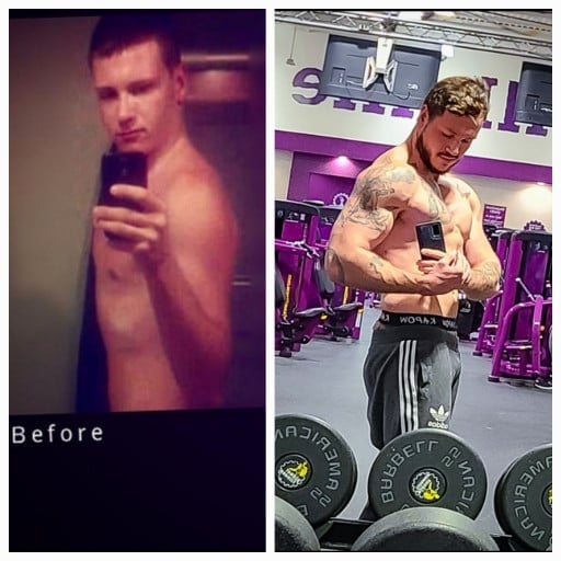 A progress pic of a 6'3" man showing a muscle gain from 140 pounds to 225 pounds. A net gain of 85 pounds.