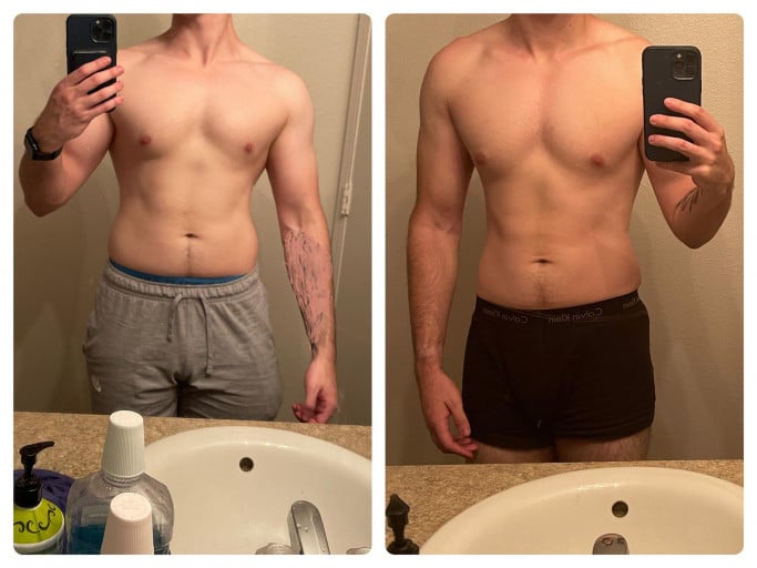 A before and after photo of a 5'10" male showing a weight reduction from 172 pounds to 160 pounds. A net loss of 12 pounds.