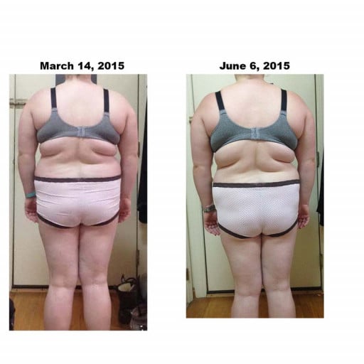 A before and after photo of a 5'3" female showing a snapshot of 198 pounds at a height of 5'3