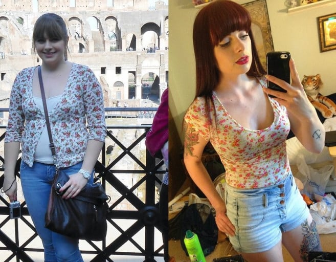 F/24/5'4" (160-120lbs) Same girl, one year later. Best thing I've ever done for myself.