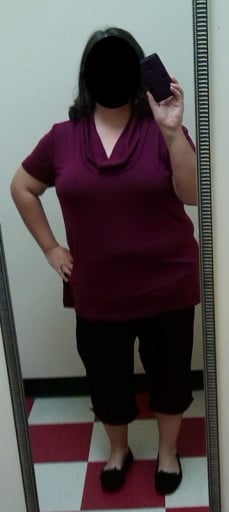 A progress pic of a 5'3" woman showing a weight reduction from 265 pounds to 232 pounds. A net loss of 33 pounds.
