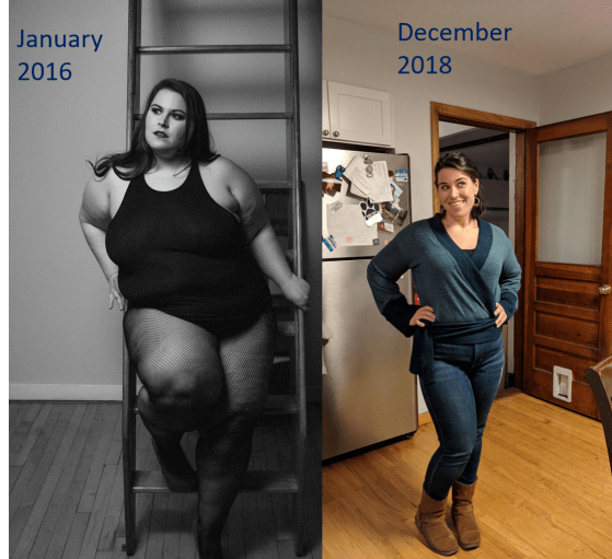 A photo of a 5'3" woman showing a weight cut from 310 pounds to 170 pounds. A respectable loss of 140 pounds.