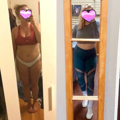 A photo of a 5'5" woman showing a weight cut from 210 pounds to 169 pounds. A net loss of 41 pounds.