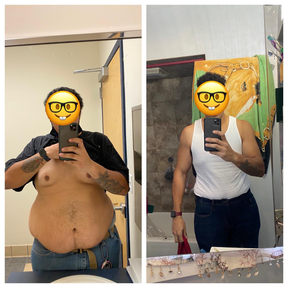 Before and After 80 lbs Weight Loss 5'9 Male 294 lbs to 214 lbs