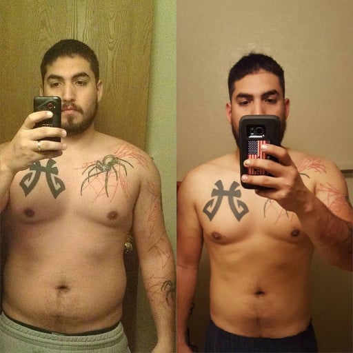 A photo of a 5'10" man showing a weight cut from 225 pounds to 186 pounds. A total loss of 39 pounds.