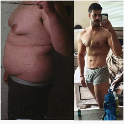 A picture of a 6'2" male showing a weight loss from 350 pounds to 205 pounds. A net loss of 145 pounds.
