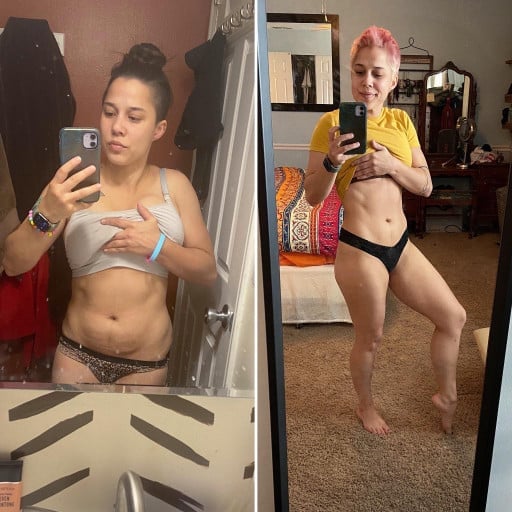 A photo of a 4'11" woman showing a weight cut from 119 pounds to 109 pounds. A respectable loss of 10 pounds.