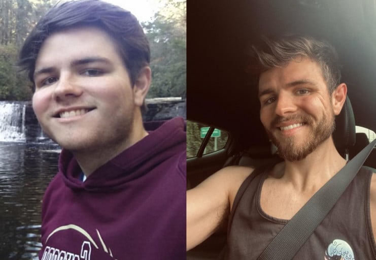 A progress pic of a 6'2" man showing a fat loss from 250 pounds to 190 pounds. A net loss of 60 pounds.