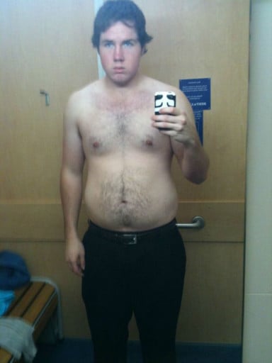 A progress pic of a 6'4" man showing a fat loss from 238 pounds to 204 pounds. A respectable loss of 34 pounds.