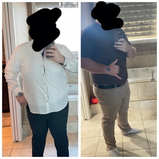A progress pic of a 5'11" man showing a fat loss from 355 pounds to 300 pounds. A total loss of 55 pounds.