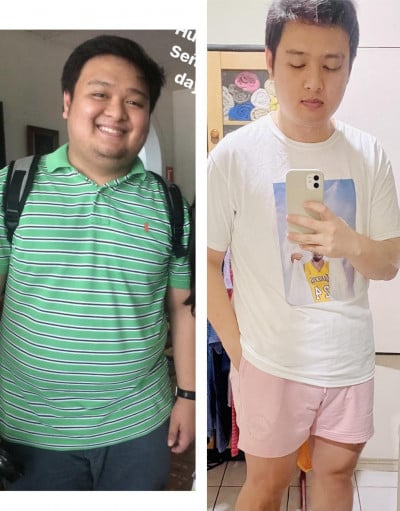 A before and after photo of a 5'5" male showing a weight reduction from 225 pounds to 175 pounds. A net loss of 50 pounds.