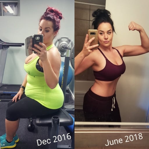 A before and after photo of a 5'5" female showing a weight reduction from 275 pounds to 175 pounds. A respectable loss of 100 pounds.