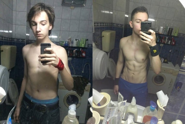 A before and after photo of a 6'0" male showing a weight gain from 139 pounds to 161 pounds. A net gain of 22 pounds.