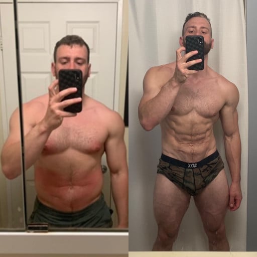 A before and after photo of a 5'11" male showing a weight reduction from 235 pounds to 205 pounds. A total loss of 30 pounds.